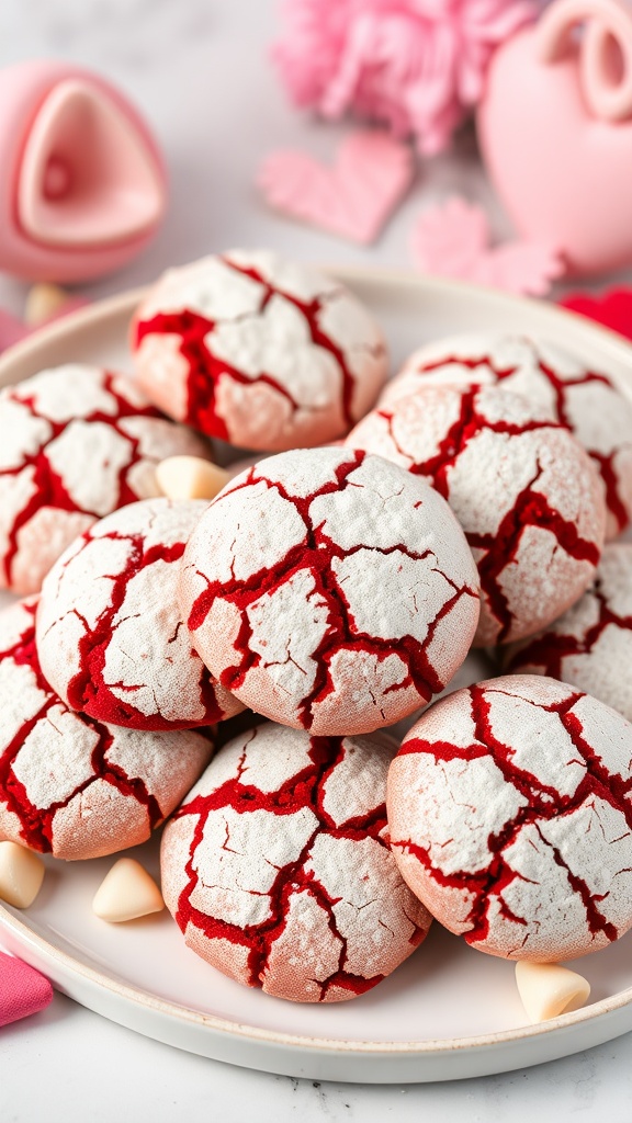 A festive display of red velvet crinkle cookies, dusted with powdered sugar, perfect for Valentine