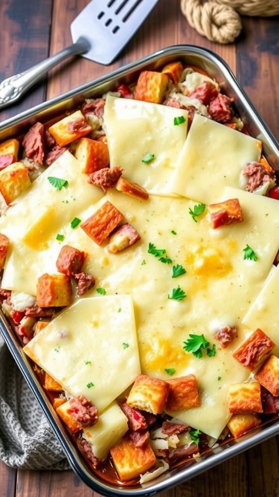 Golden and bubbly Reuben Bake Casserole with melted Swiss cheese, layered with corned beef and sauerkraut.