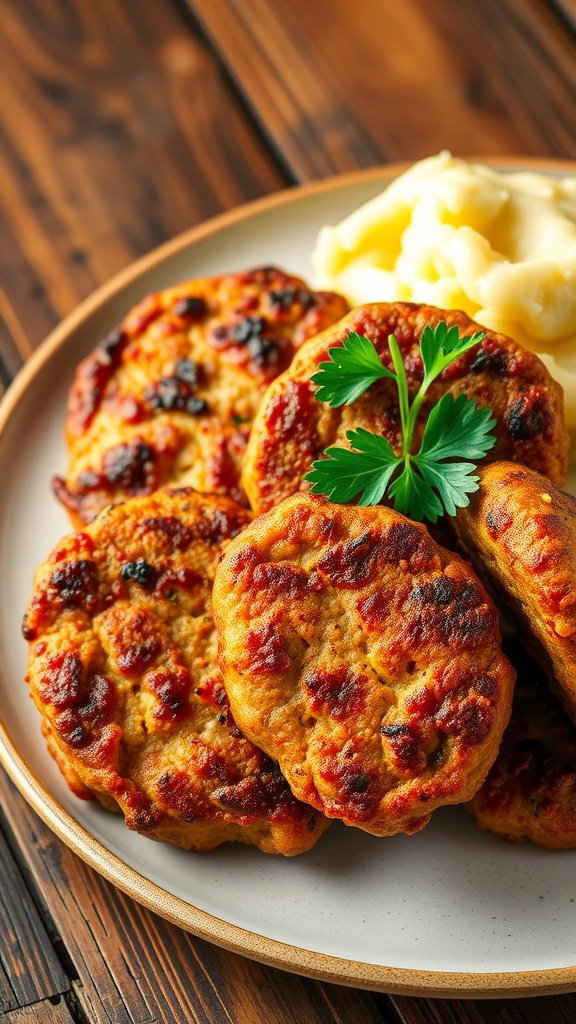 Delicious golden-brown German meat patties with mashed potatoes and parsley on a rustic table.