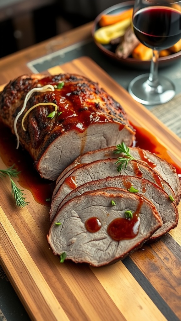 Sliced oven baked brisket with herbs and sauce on a wooden board, surrounded by roasted vegetables and wine.