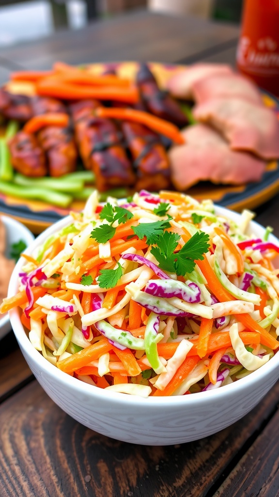 A colorful bowl of spicy barbecue coleslaw with cabbage and carrots, garnished with parsley, on a rustic table.