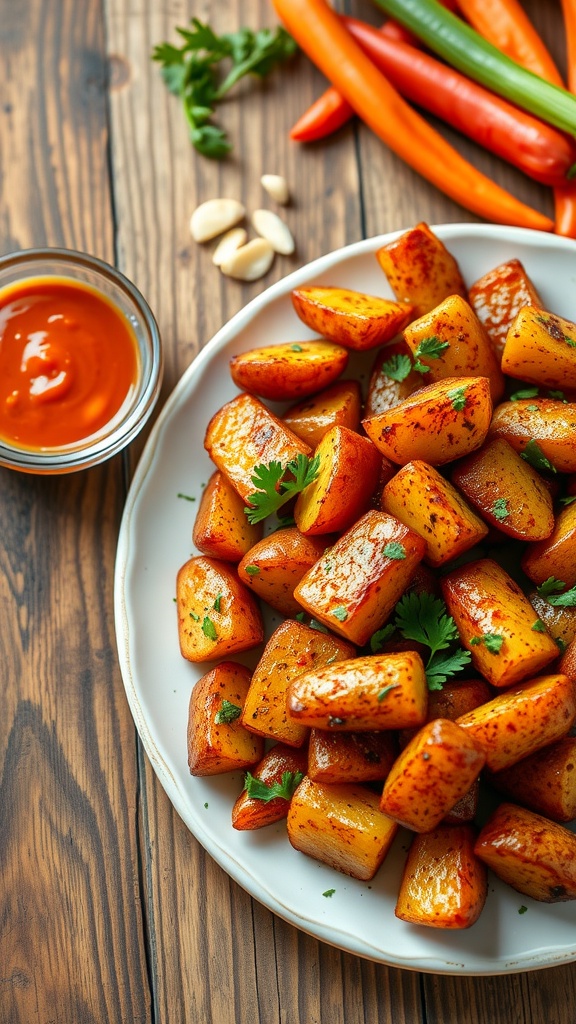 Golden roasted potatoes, crispy on the outside and fluffy inside, garnished with parsley on a wooden table.