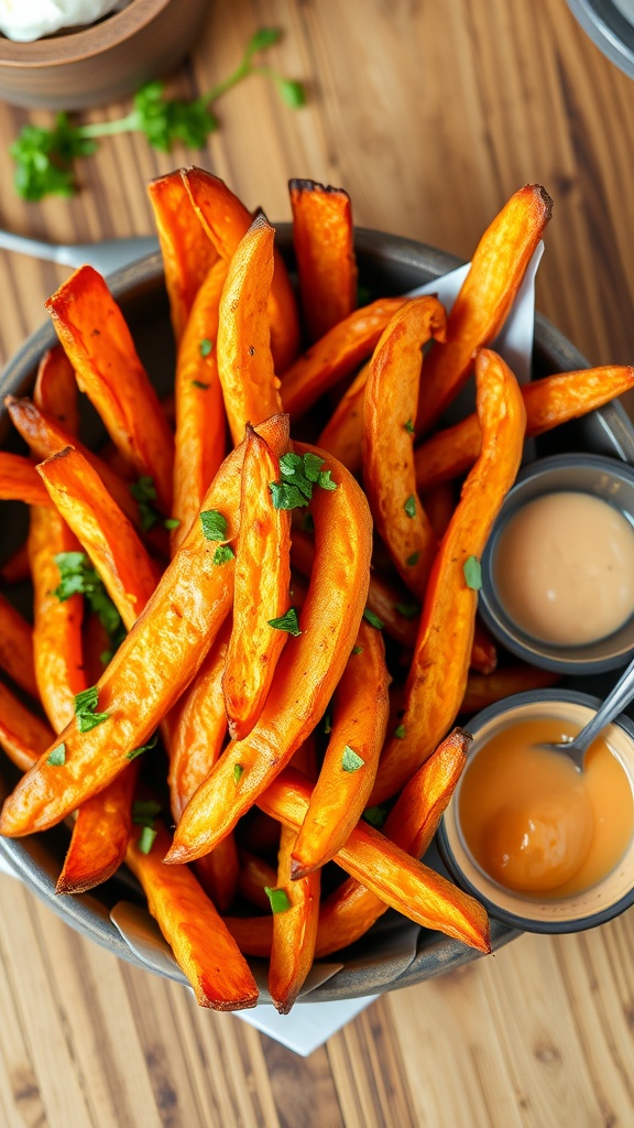 Crispy thick-cut sweet potato fries garnished with herbs, served with dipping sauce on a rustic table.