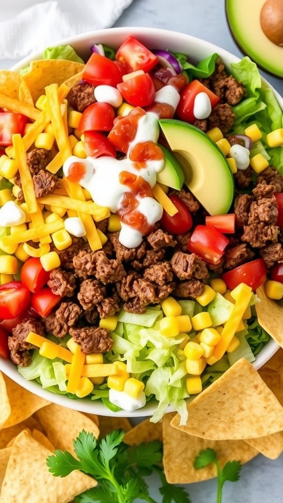 A colorful taco salad with ground beef, lettuce, tomatoes, corn, avocado, and cheese, served with tortilla chips.