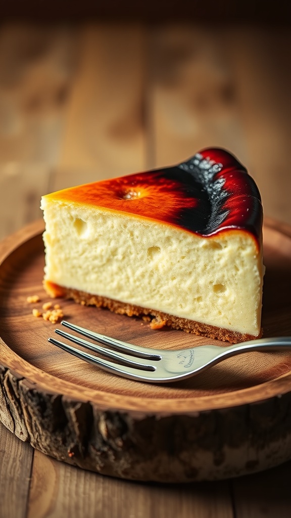 A slice of La Viña-style Basque cheesecake on a rustic plate, highlighting its creamy texture and burnt top.