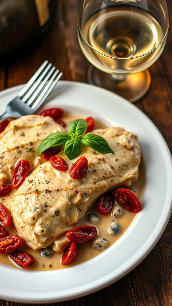 Creamy Slow Cooker Marry Me Chicken with sun-dried tomatoes and basil on a plate with a rustic background.