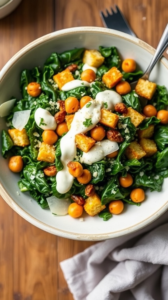 A colorful winter kale Caesar salad with kale, croutons, chickpeas, and Parmesan cheese in a rustic bowl.