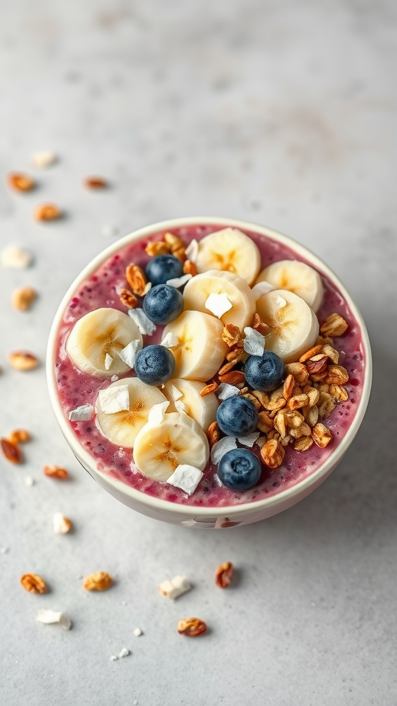 A colorful Açaí Bowl topped with banana slices, blueberries, granola, and coconut flakes.