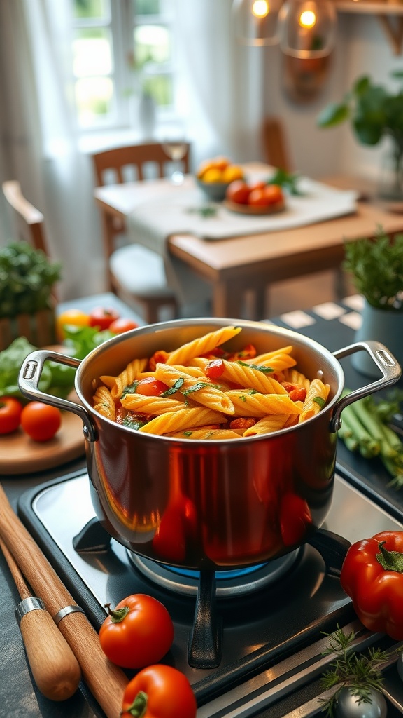 A pot of cooked pasta with vegetables on a stove, evoking a homey cooking atmosphere.