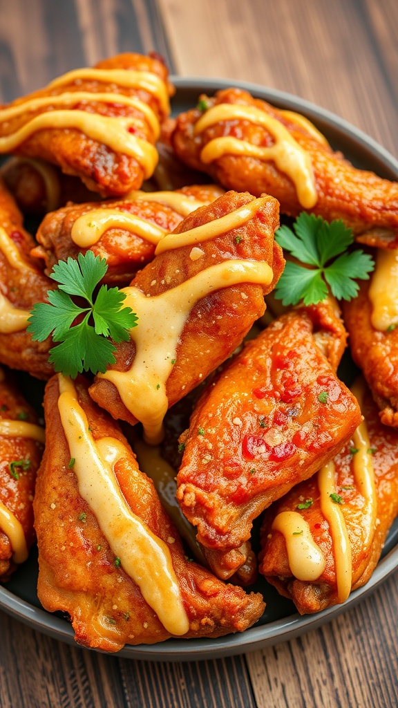 A plate of crispy chicken wings drizzled with garlic Parmesan sauce, garnished with parsley.