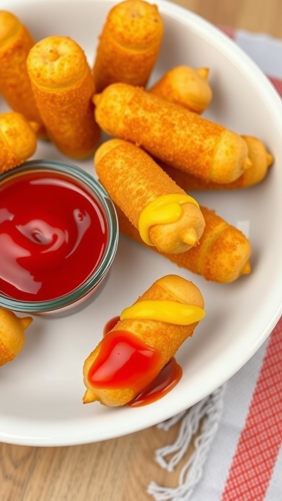 Plate of mini corn dogs with dipping sauces