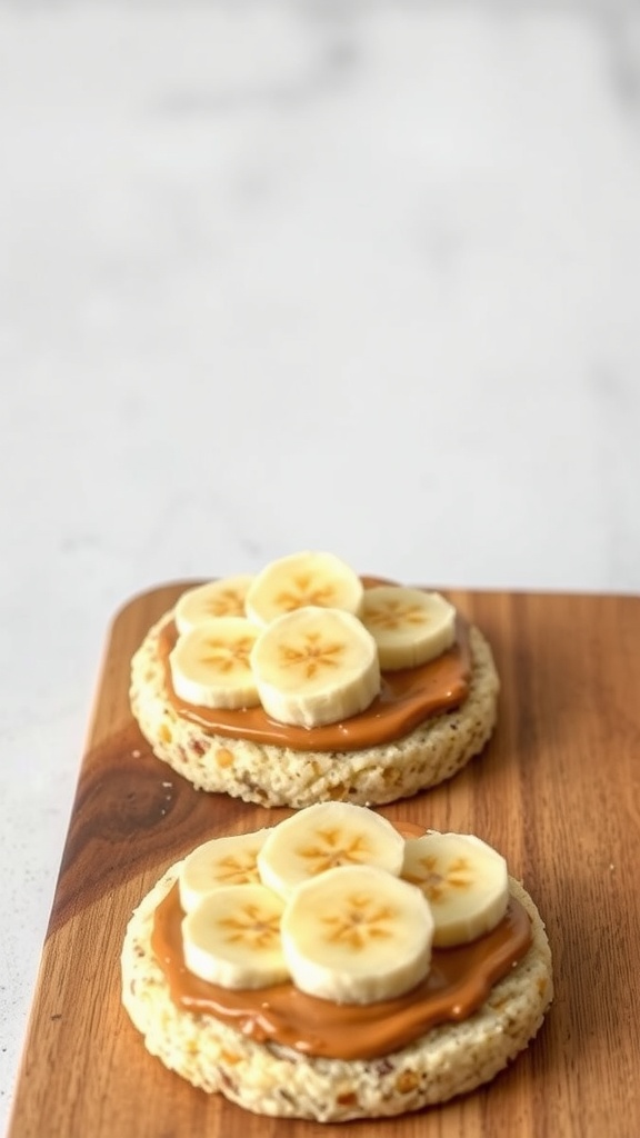 Almond butter and banana rice cakes topped with banana slices on a wooden board.