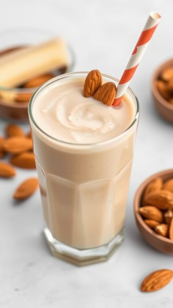 A creamy almond butter smoothie in a glass with a straw, topped with almonds.