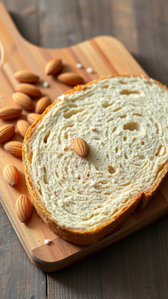 A slice of almond flour bread with whole almonds scattered around.