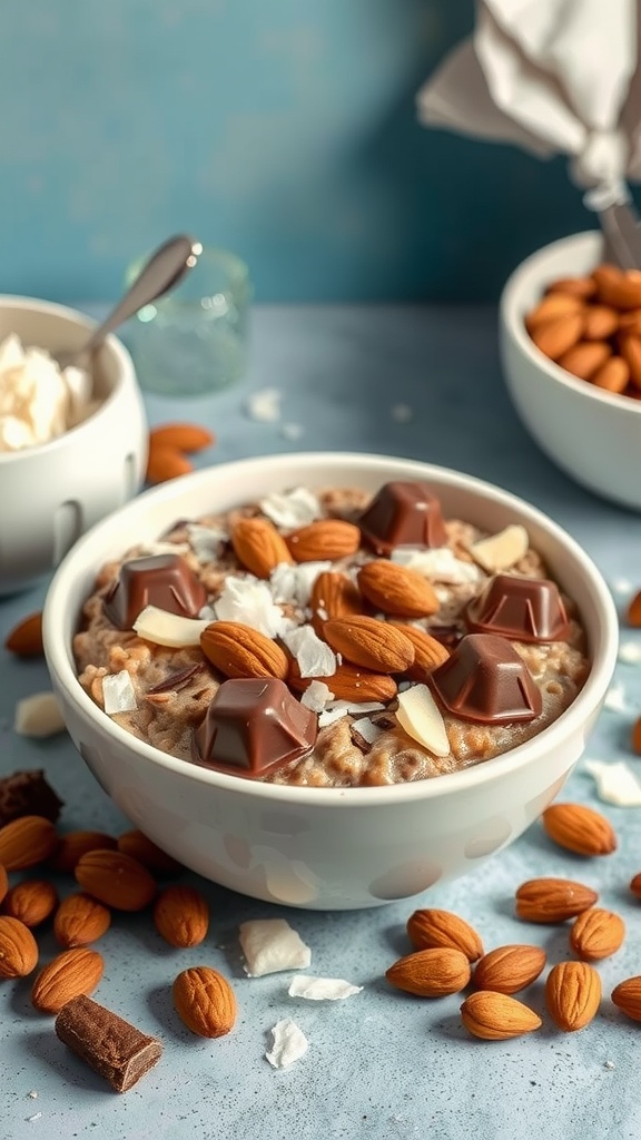 A bowl of oatmeal topped with chocolate, almonds, and coconut.