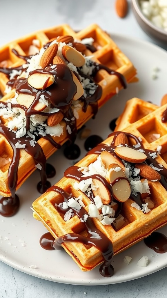 Delicious Almond Joy Waffles topped with coconut, almonds, and chocolate sauce