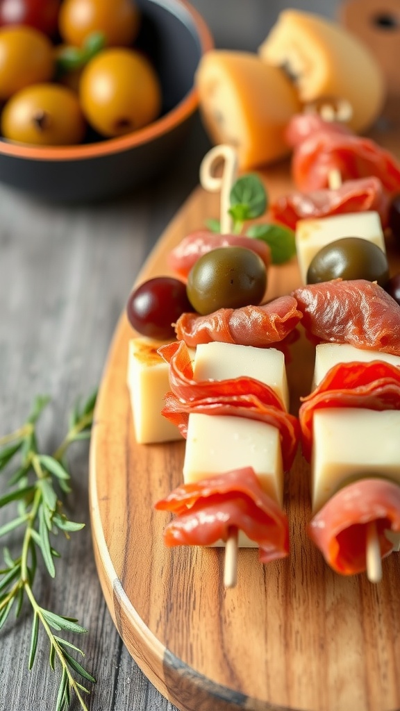 Antipasto skewers with olives, salami, and cheese on a wooden platter