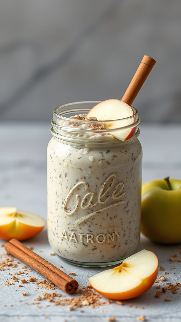 A jar of apple cinnamon overnight oats topped with apple slices and a cinnamon stick.