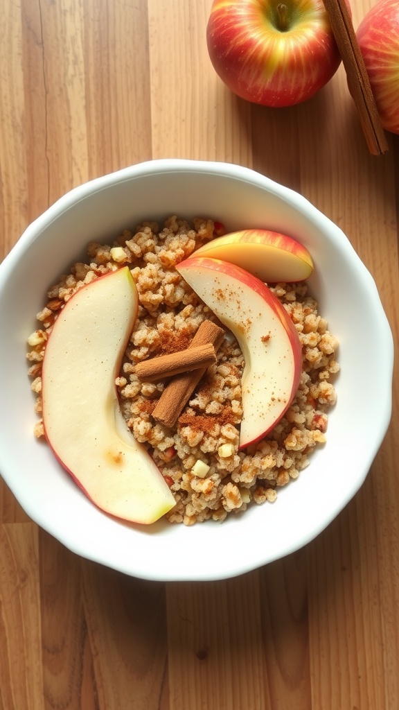 Bowl of apple cinnamon quinoa topped with apple slices and cinnamon sticks