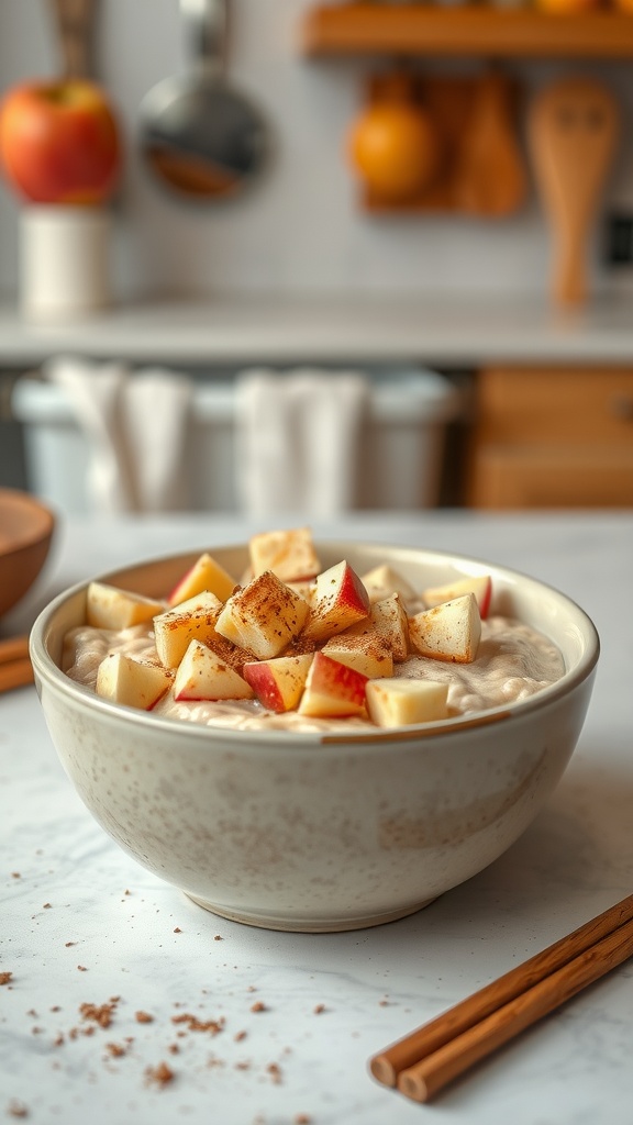 A bowl of apple cinnamon swirl overnight oats topped with diced apples and a sprinkle of cinnamon.