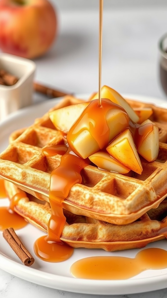 A stack of apple cinnamon waffles drizzled with caramel sauce and topped with apple slices.