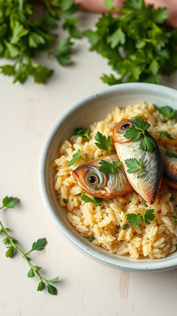 A bowl of Arroz de Cuxá, featuring rice with Cuxá herbs and garnished with fresh parsley.