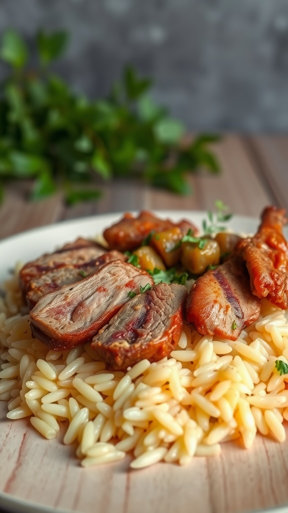A plate of Arroz de Pato with duck and rice garnished with herbs.
