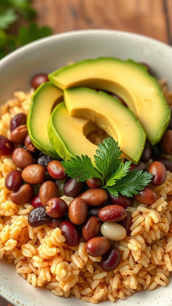 A bowl of rice and beans topped with avocado slices and cilantro.