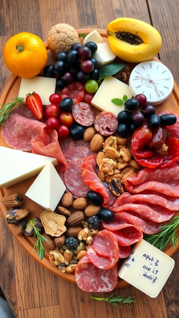 A beautifully arranged artisan charcuterie board with an assortment of meats, cheeses, fruits, nuts, and garnishes.