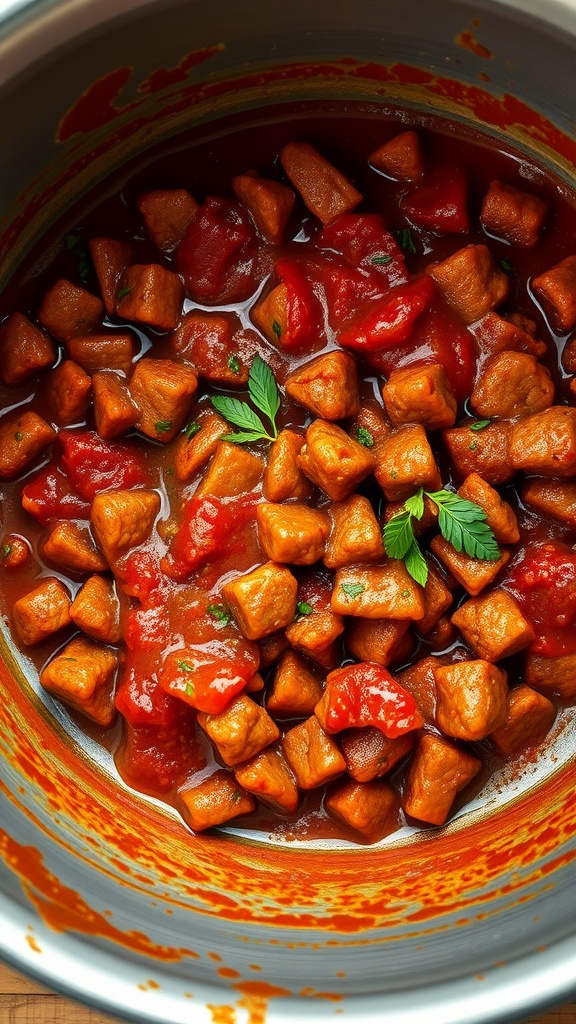 A bowl of rich Bolognese sauce with meat and herbs.