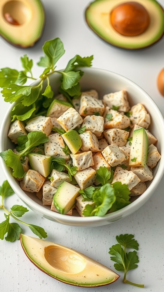 A bowl of avocado chicken salad with diced chicken, avocado, and fresh herbs.