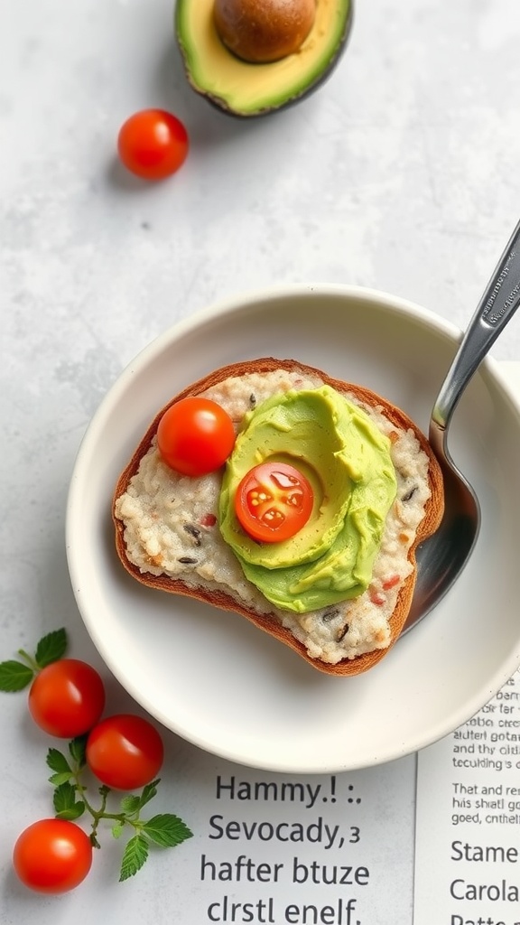 A bowl of oatmeal topped with mashed avocado and cherry tomatoes