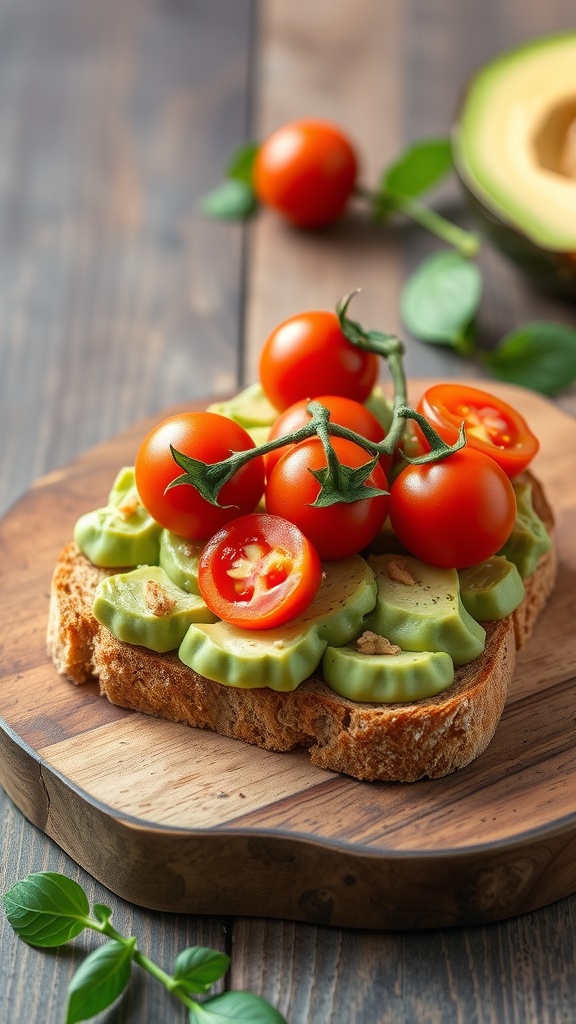 Avocado toast topped with cherry tomatoes and cucumber slices on a wooden board.