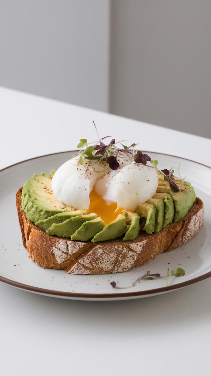 Avocado toast topped with poached eggs and microgreens on a plate.