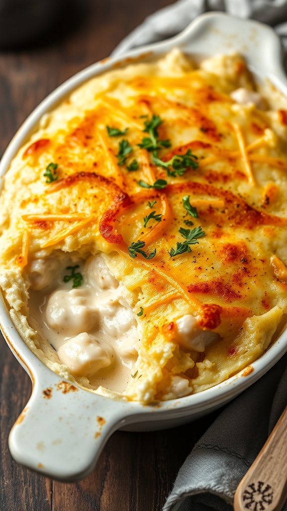 A creamy dish of Bacalhau com Natas, featuring layers of codfish and potatoes, topped with golden cheese.