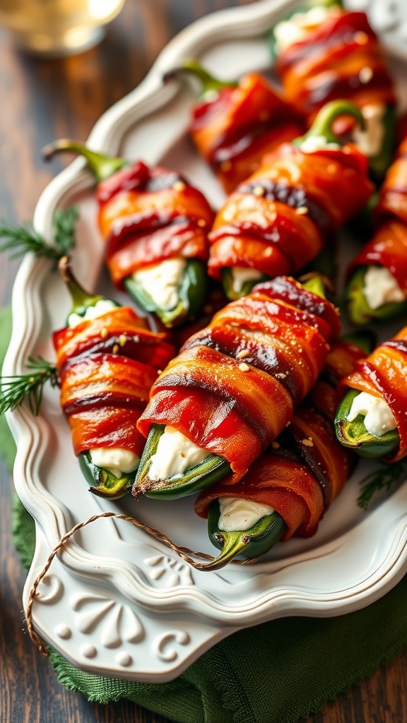 Bacon-wrapped jalapeño poppers on a white platter