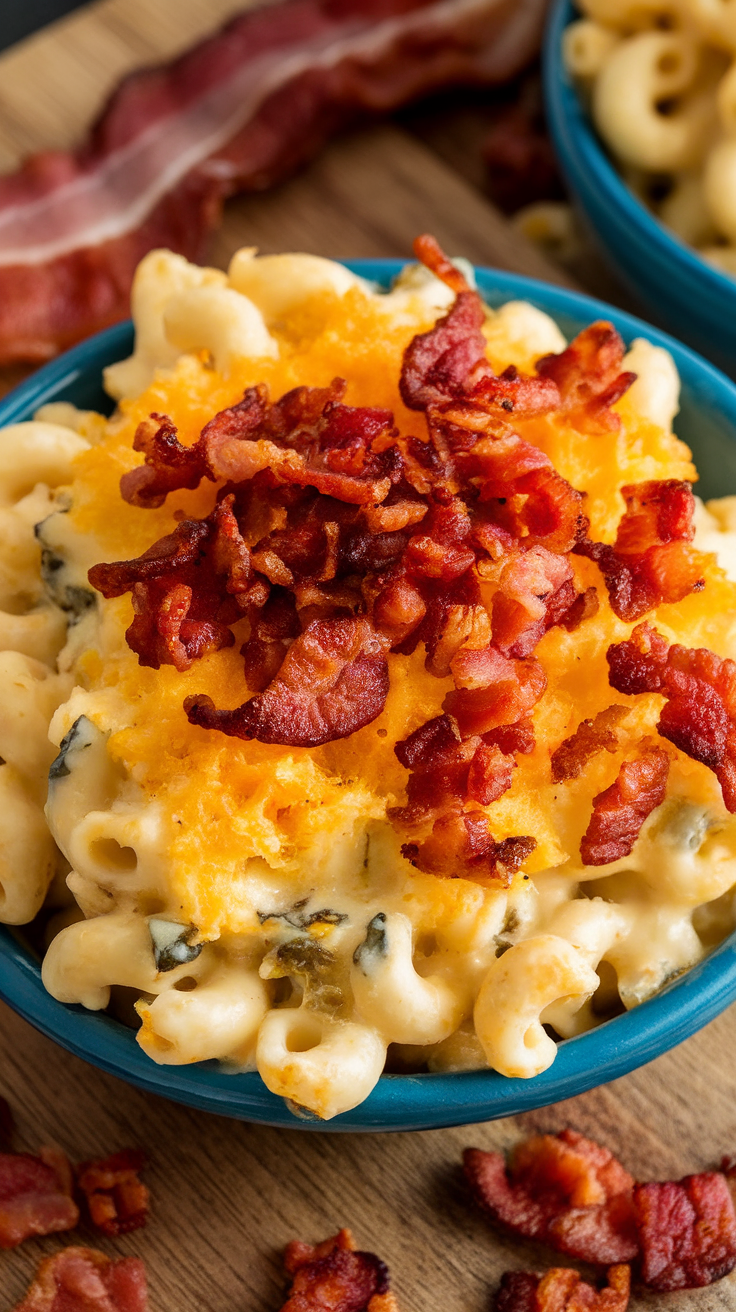 Bacon and blue cheese macaroni and cheese topped with crispy bacon.