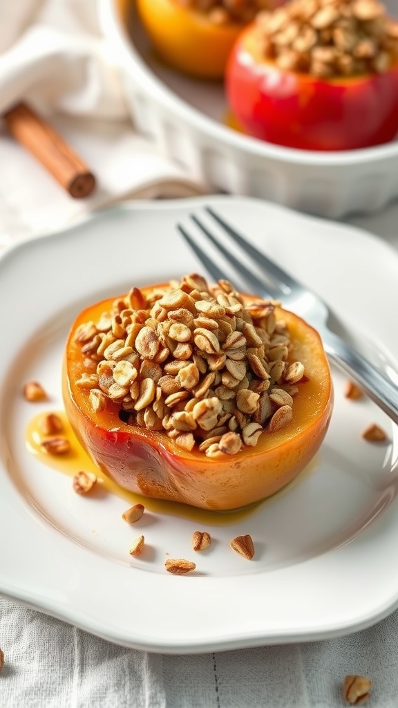 Baked Apples with Oats on a white plate