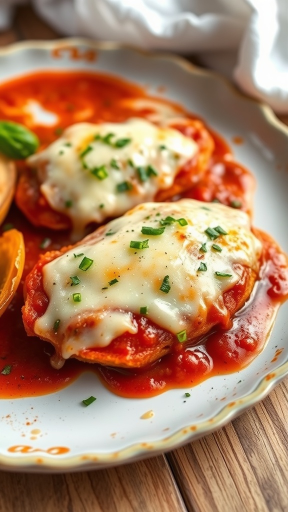 A plate of baked chicken parmesan topped with cheese and garnished with herbs.
