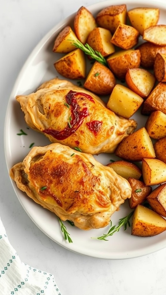 A plate of baked chicken thighs served with roasted potatoes.