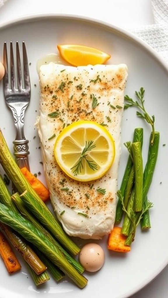 A delicious plate of baked cod served with lemon slices, dill, and a side of green vegetables.