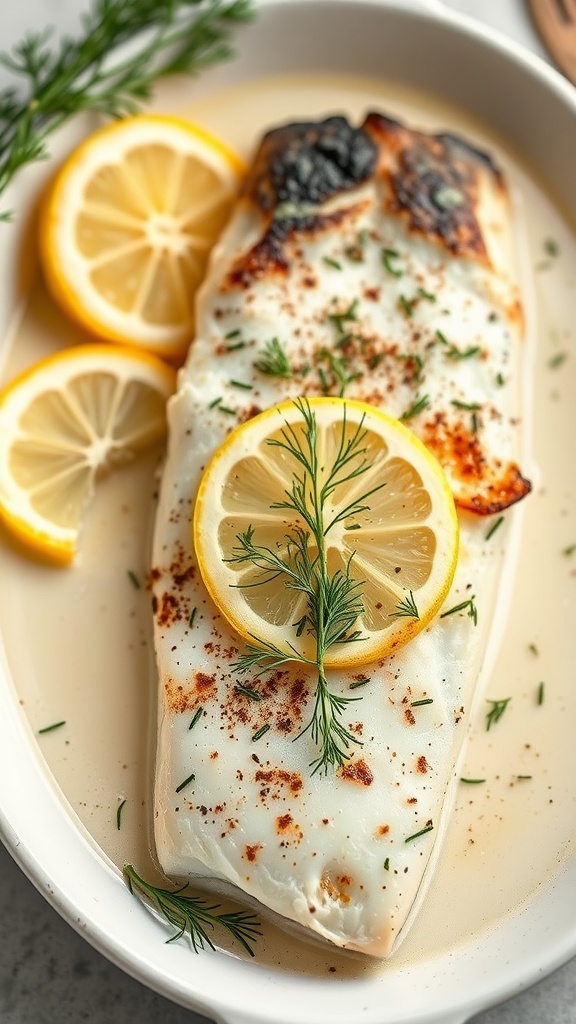 Baked cod with lemon slices and dill in a baking dish