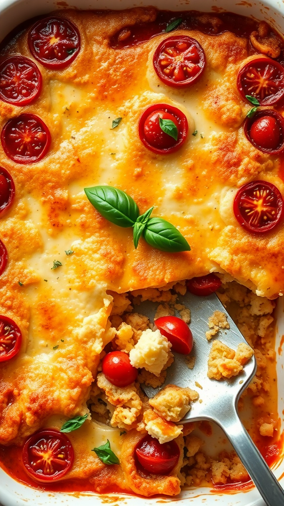 Baked cottage cheese and tomato casserole topped with fresh basil and cherry tomatoes.