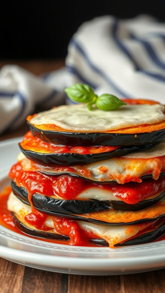 Layers of baked eggplant with marinara sauce and melted cheese.