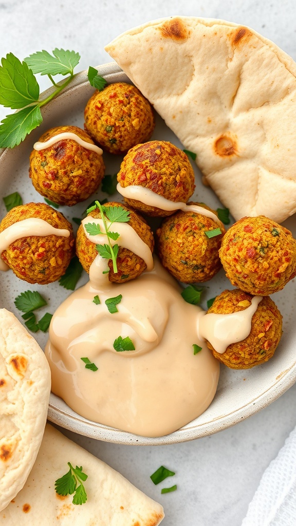 Baked falafel with tahini sauce served in a bowl with pita bread.