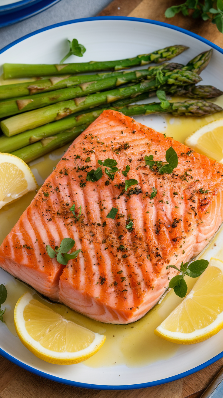 Baked salmon fillet with lemon slices and asparagus on a plate.