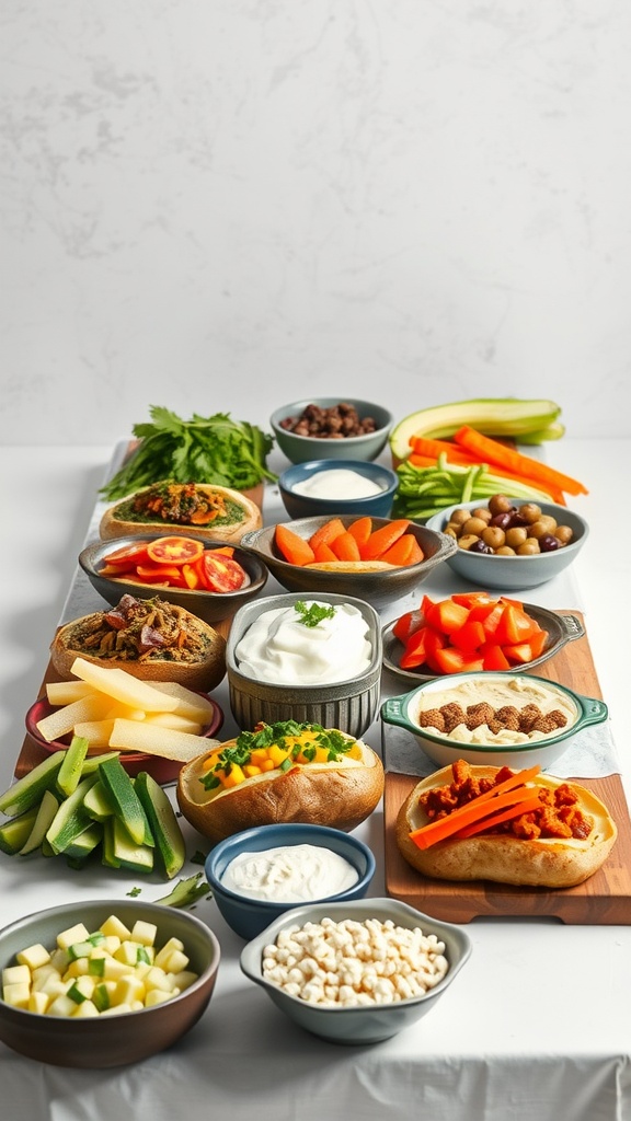 Baked potato bar with a variety of toppings including cheese, bacon, and vegetables.