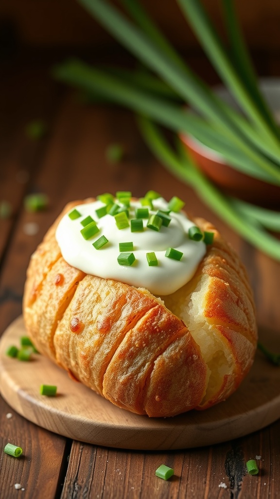 Baked potato topped with sour cream and chives on a wooden board.