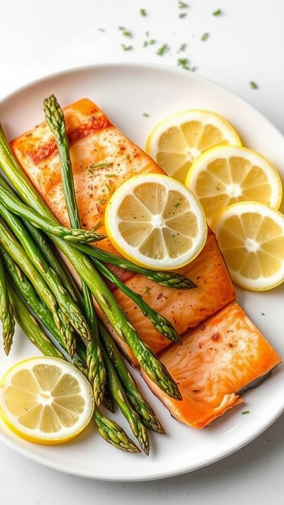 A plate of baked salmon fillets with asparagus and lemon slices
