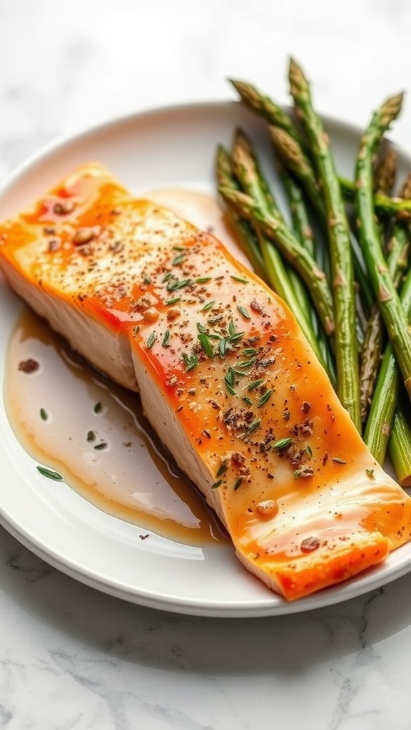 Baked salmon fillet with asparagus on a plate